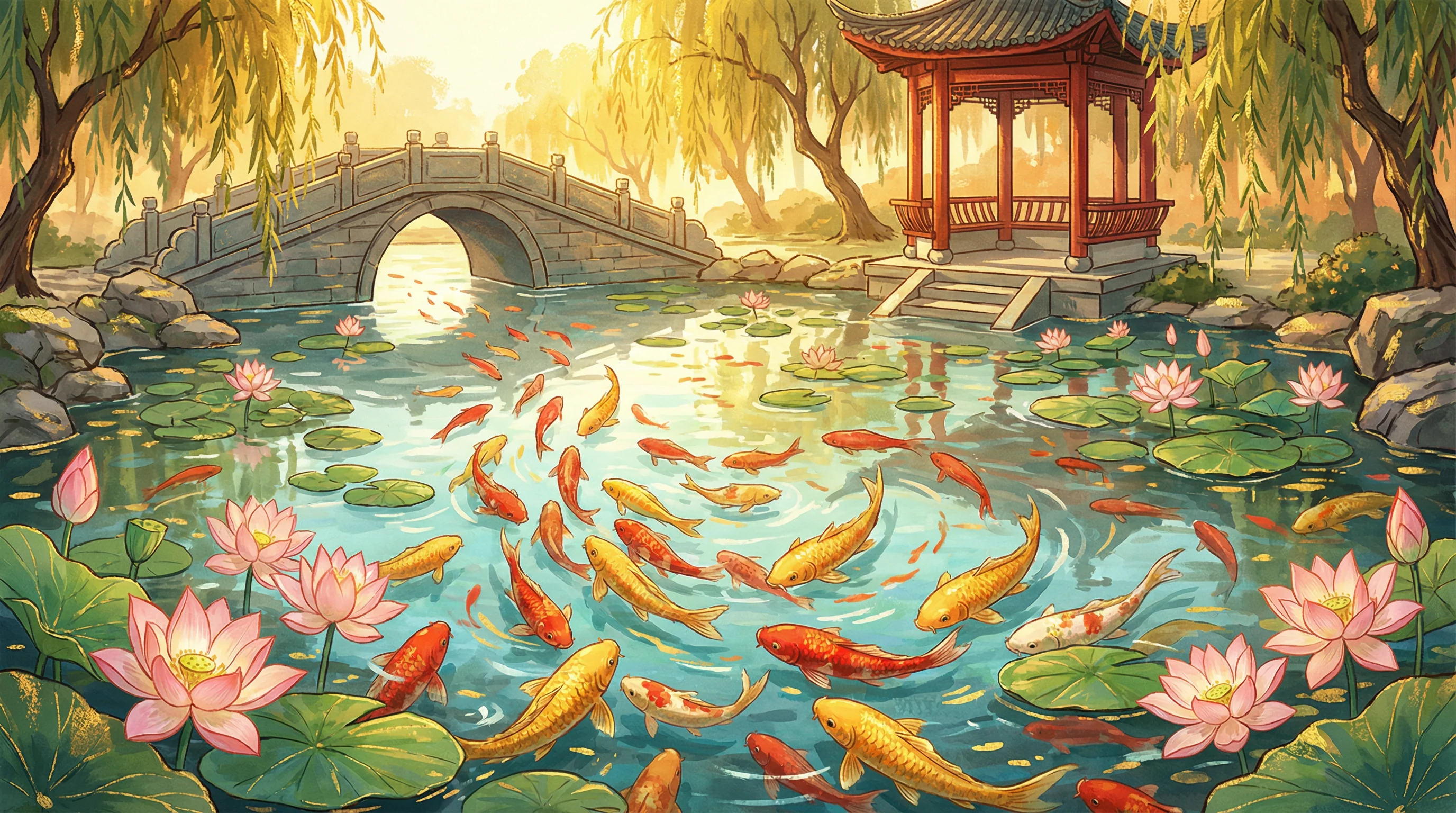 锦鲤在池塘中游弋